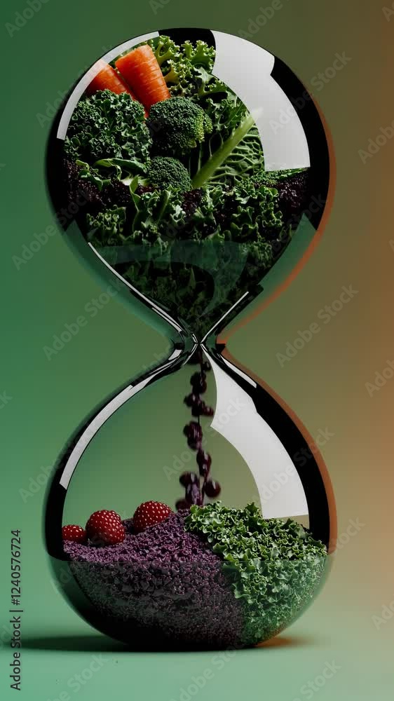 Poster An abstract hourglass shape filled with fresh produce instead of sand, representing the idea of nutritious eating over time to support fat loss.