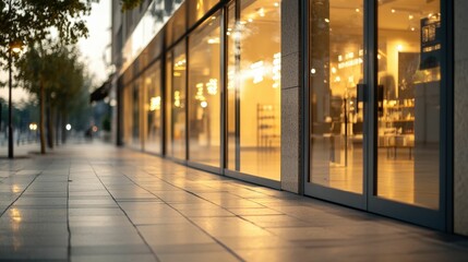 Fototapeta premium Evening cityscape with illuminated modern storefront windows and urban reflections