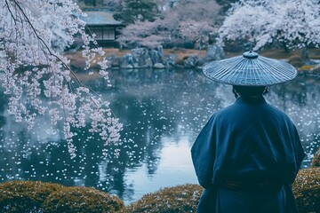 Fototapeta premium A serene figure in traditional attire gazes at a tranquil pond surrounded by cherry blossoms