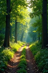 Fototapeta premium Sun-dappled path splits at a rustic forest crossroads , trail, nature