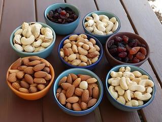 colorful assortment of nuts and dried fruits in bowls, showcasing variety of textures and colors, perfect for healthy snacking or party platters