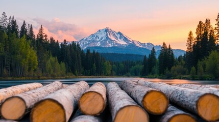 Serene shot of neatly stacked timber logs situated near a tranquil mountain lake with a breathtaking sunset view of the majestic peak in the background