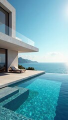 Fototapeta premium Sleek minimalist home, infinity pool overlooking ocean, sunset, luxury, serene
