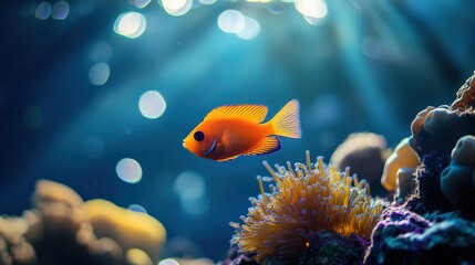 Fototapeta premium A vibrant orange fish swimming in clear water with colorful coral. Light beams create a magical underwater scene.
