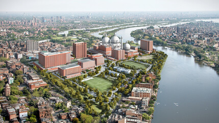 Fototapeta premium A breathtaking aerial view of a bustling modern city showcasing its urban design, vibrant architecture, and green spaces, beautifully intertwined with a serene river. 