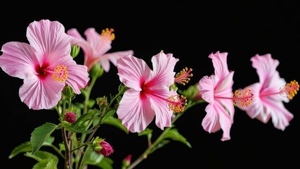 Fototapeta premium Vibrant pink hibiscus flowers against a black background