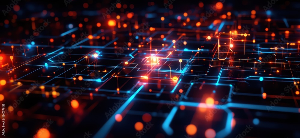 Poster digital network visualization with glowing circuits and nodes, showcasing interconnected data pathwa