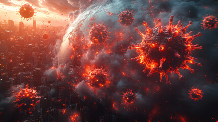 Visual representation of a city under threat from a viral outbreak during a dramatic sunset