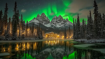 Fototapeta premium Spectacular view of the northern lights illuminating snow-capped mountains and a serene lake with a cozy cabin nestled by the water. 