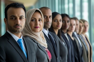 Multicultural business professionals waiting in row for interview in front, 
