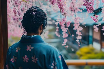 A person in traditional attire gazes at cherry blossoms in a serene garden, evoking tranquility