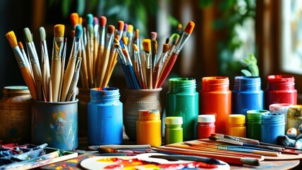 Obraz premium A vibrant artist's workspace filled with paint and brushes
