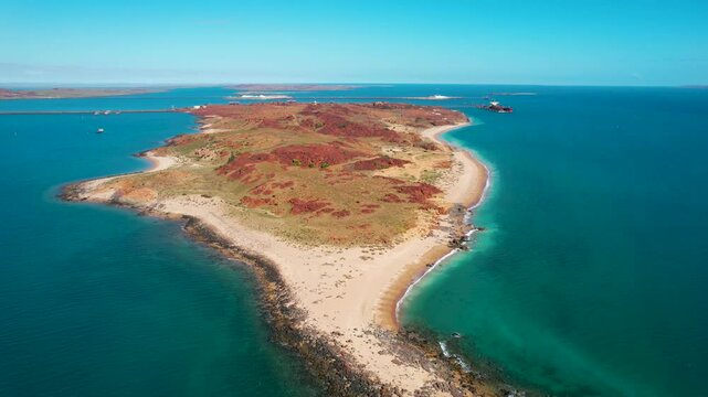 Aerial view of beautiful East Intercourse Island with sandy beach and blue ocean, Dampier foreshore, Pilbara Region, Australia.