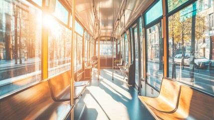 Blue passenger chairs in public bus. Vacant subway wagon with free seats. Tram transport seats in empty vehicle. Public transport in the city. Passenger transportation.