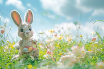 Fototapeta premium Adorable Easter bunny with basket of colorful eggs in spring meadow