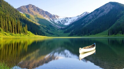 Obraz premium Serene Mountain Lake with Canoe Reflection