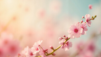 Naklejka premium Delicate cherry blossoms blooming against soft pastel background, beauty