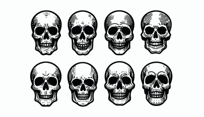 Skull  Set  black and white vector illustration. Different Simple  Tatoo skull designs