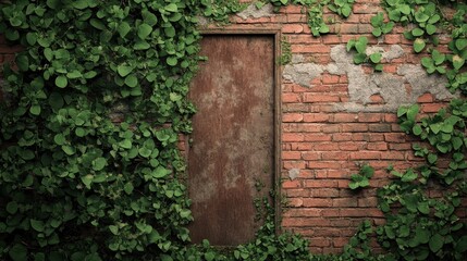 Overgrown Wooden Door in a Brick Wall