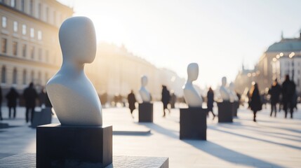 Sculptures displayed in the sunlight attract visitors in a lively urban setting during late...