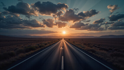 Fototapeta premium Majestic sunset over open road in vast landscape, journey ahead