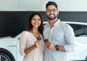 Happy young hispanic couple holding car keys in front of new vehicle in showroom