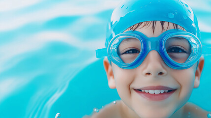 Naklejka premium Smiling caucasian male child swimmer in bright blue goggles enjoying pool time