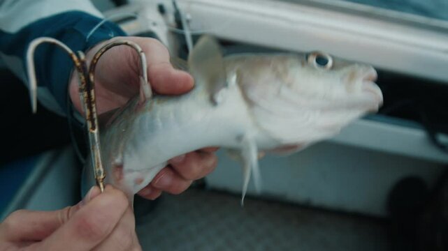 Fisherman removes hook from codfish on the boat