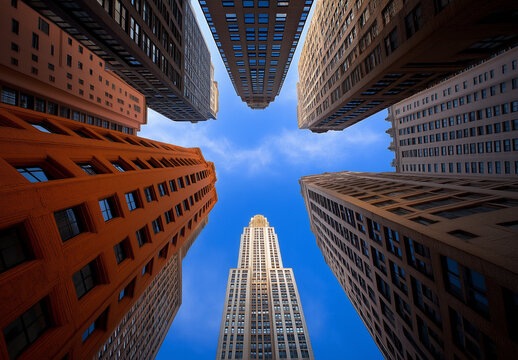 Fototapeta Blue skies and tall buildings seen from below, wide-angle, low-angle perspective, skyscrapers, business district, cityscape, urban architecture, blue sky, office building, corporate skyline, skyscrape