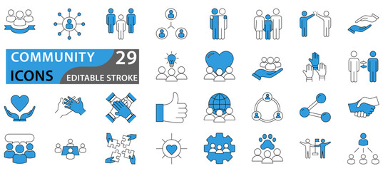 Community icon set. Containing people, friendship, social, diversity, village, relationships, support and community development icons. Set icon collection.