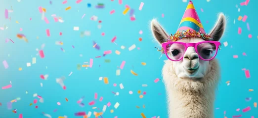 Llama celebrating birthday with party hat, colorful glasses, and confetti in vibrant blue background, copy space for text