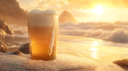 A close-up of a tall glass of wheat beer with creamy foam, set on a beach with the ocean waves in the background and the sun shining brightly.
