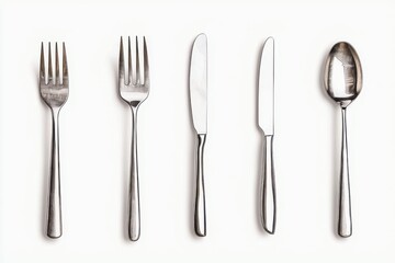 Stainless Steel Cutlery Set Arranged in Minimalist Tabletop Display   A clean modern collection of forks spoons and knives neatly organized on a white surface showcasing the sleek