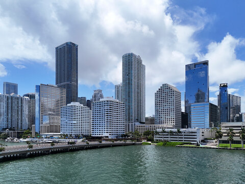 Aerial view of modern skyscrapers and waterfront at sunset, Brickell Key, United States.