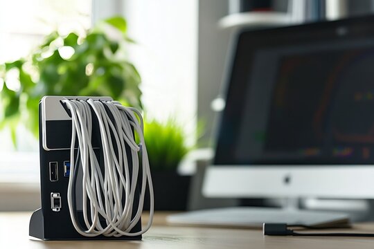 Cable Holder On Desk With Charging Cables, 