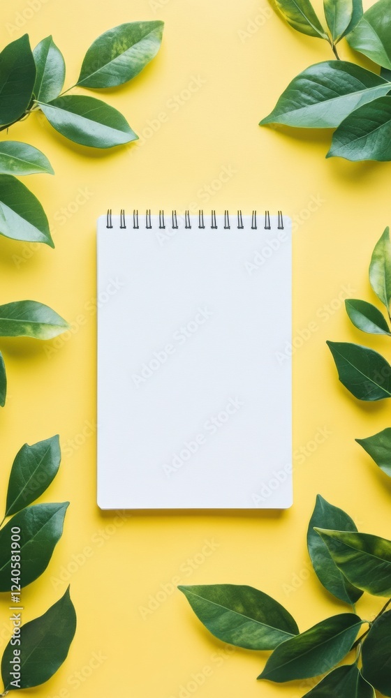 Poster blank notebook surrounded by fresh green leaves on a vibrant yellow background at midday. generative