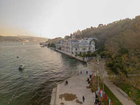 Aerial view of the Egyptian Consulate and Bosphorus in autumn with scenic waterfront and urban landscape, Bebek, Istanbul, Turkey.