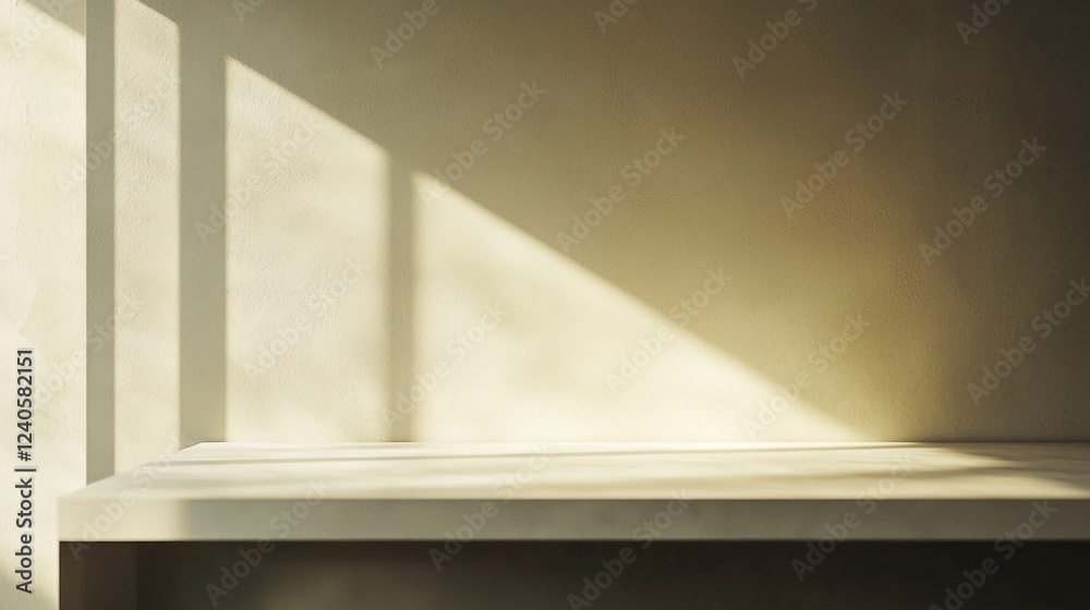 Aufkleber Soft sunlight streams through the window, creating gentle patterns on the warm beige shelf. The tranquil atmosphere enhances the simplicity of the minimalist design
