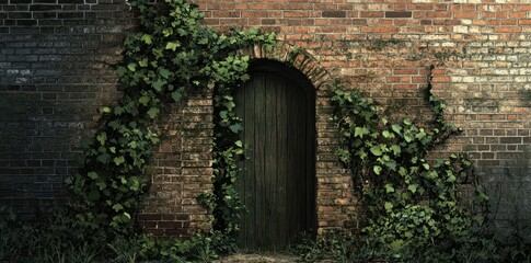 Fototapeta premium Overgrown Brick Wall With Ancient Wooden Door
