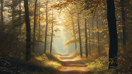 Fototapeta premium A serene forest path illuminated by soft autumn sunlight
