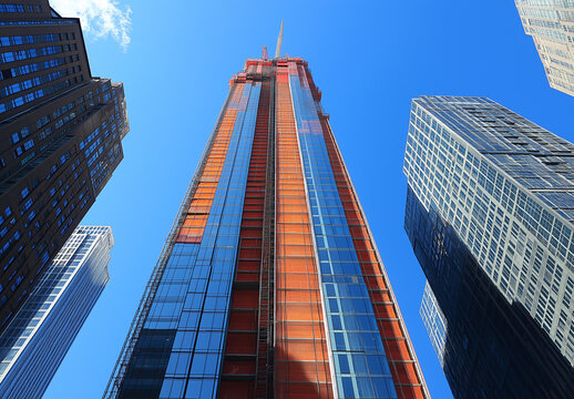 Fototapeta Blue skies and tall buildings seen from below, wide-angle, low-angle perspective, skyscrapers, business district, cityscape, urban architecture, blue sky, office building, corporate skyline, skyscrape