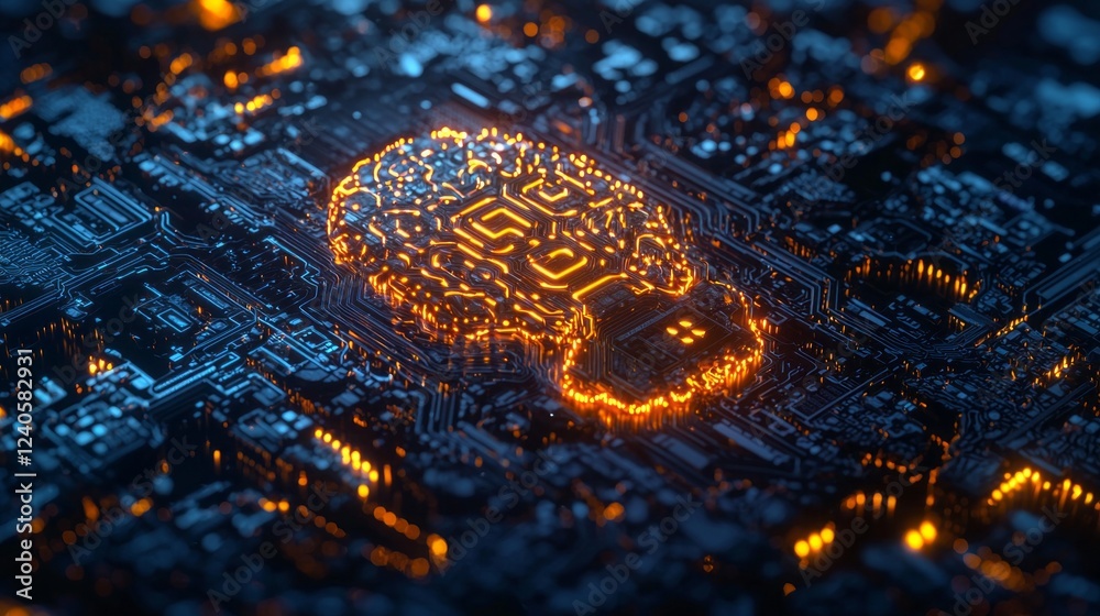 Aufkleber A mesmerizing network of glowing circuits takes form, showcasing an intricate design resembling a brain. The blend of orange and blue lights captivates against a dark background