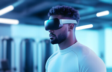tech savvy consumer wearing virtual reality goggles in modern gym setting, showcasing integration of technology and fitness