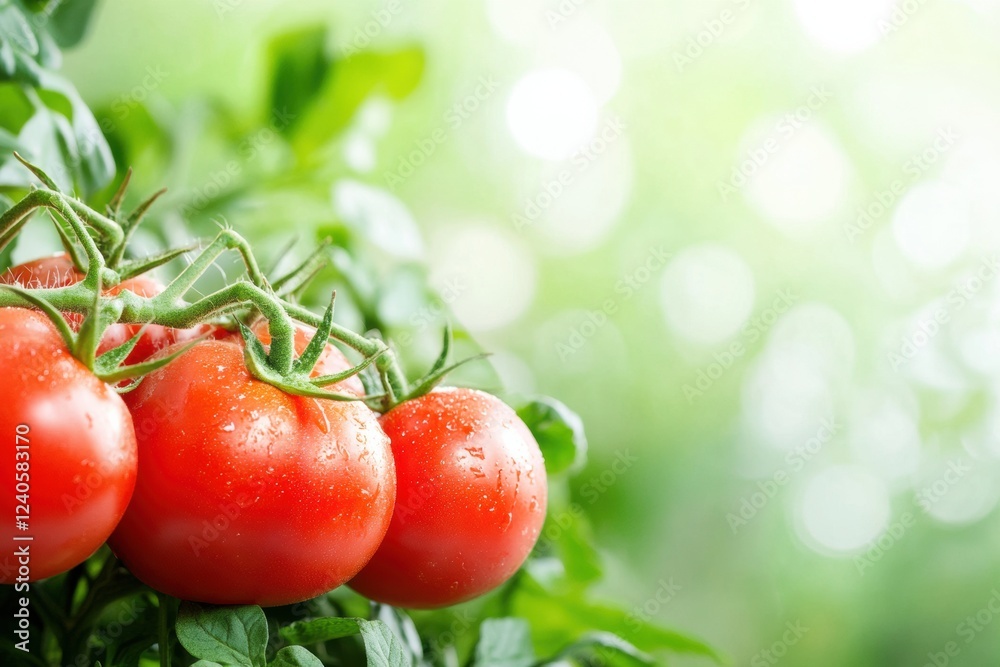 Aufkleber Freshly ripened tomatoes hanging on vine in a garden under natural sunlight creating a vibrant atmosphere. Generative AI
