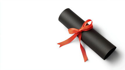 graduation hat. Black diploma scroll tied with red ribbon on white background