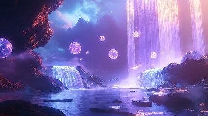 Two Waterfalls Flowing Into A Lake With Floating Spheres