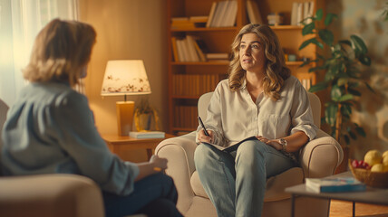 Obraz premium This psychologist listens attentively as a patient shares thoughts in an inviting, warm environment.