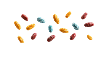 Colorful candies scattered on a white background, perfect for sweet treats or celebrations.