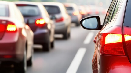 Fototapeta premium Evening traffic jam on highway with blurred tail lights