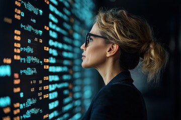 Successful female business leader or entrepreneur examining investment trends and market data on a large digital display screen in a modern corporate office setting